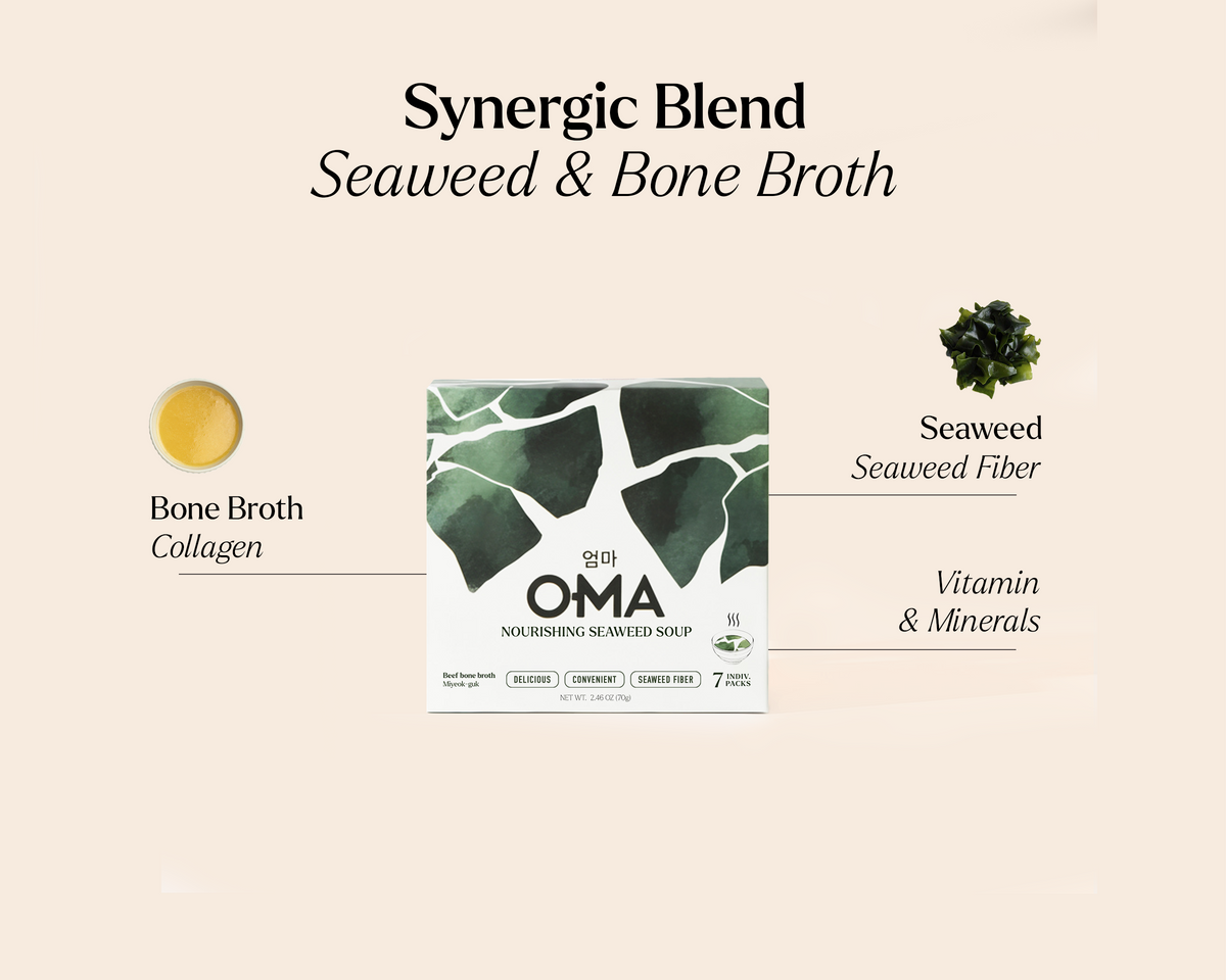 OMA seaweed and bone broth package with ingredients listed on a beige background