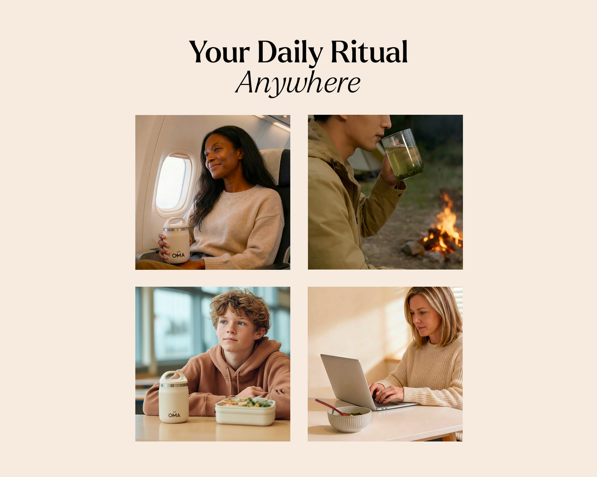Collage of people using a product in various settings with text 'Your Daily Ritual Anywhere'.