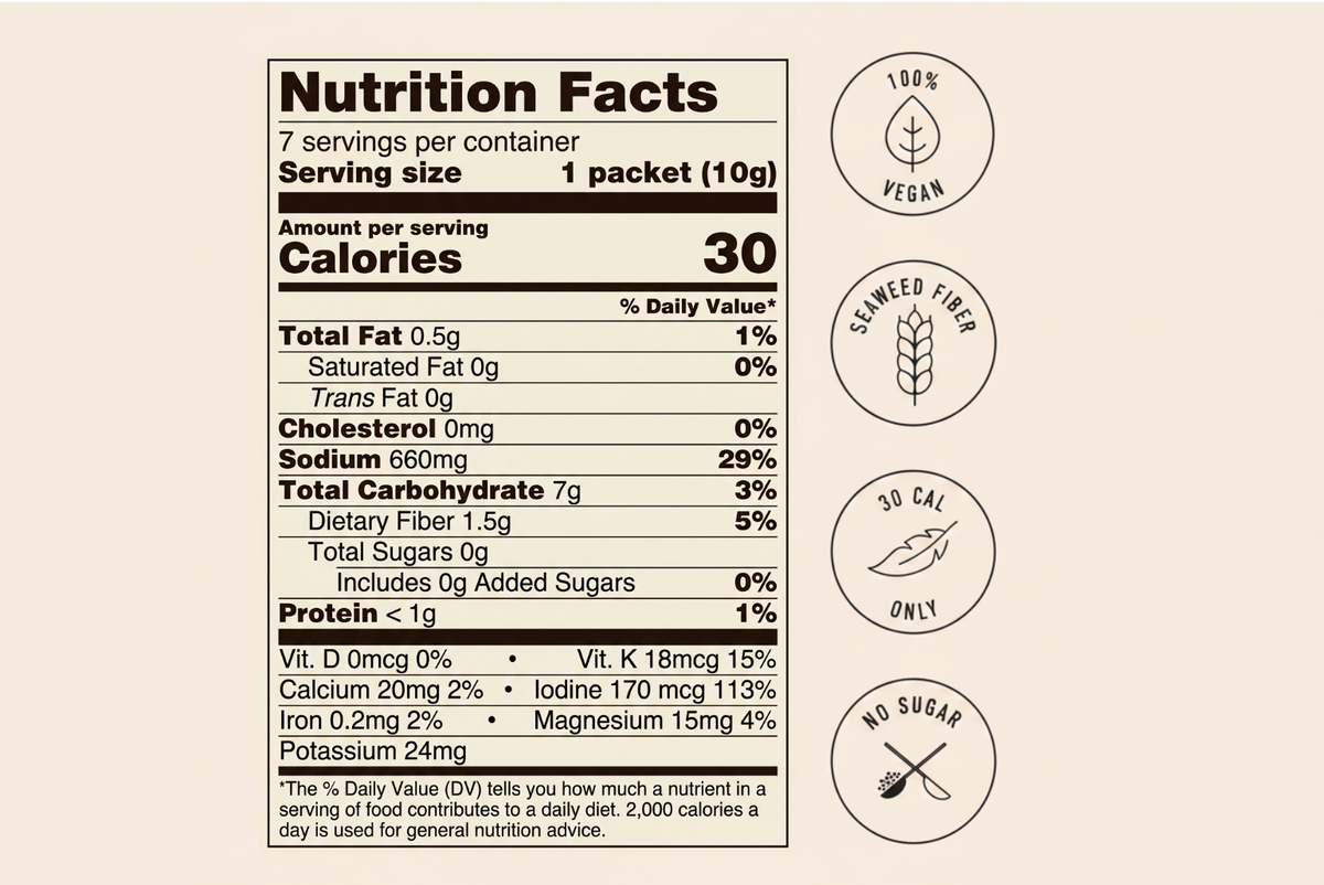 A Nutrition Facts label for a single packet of food, shown on a warm beige background with four circular icons on the right reading 100% vegan, seaweed fiber, 30 cal only, and no sugar.
