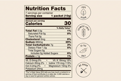 A Nutrition Facts label for a single packet of food, shown on a warm beige background with four circular icons on the right reading 100% vegan, seaweed fiber, 30 cal only, and no sugar.