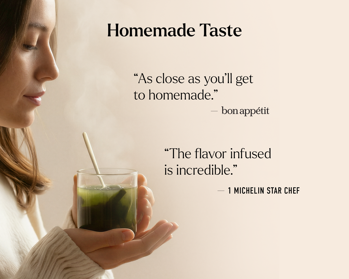 Woman holding a glass of green juice with text about homemade taste and a Michelin star chef's opinion.